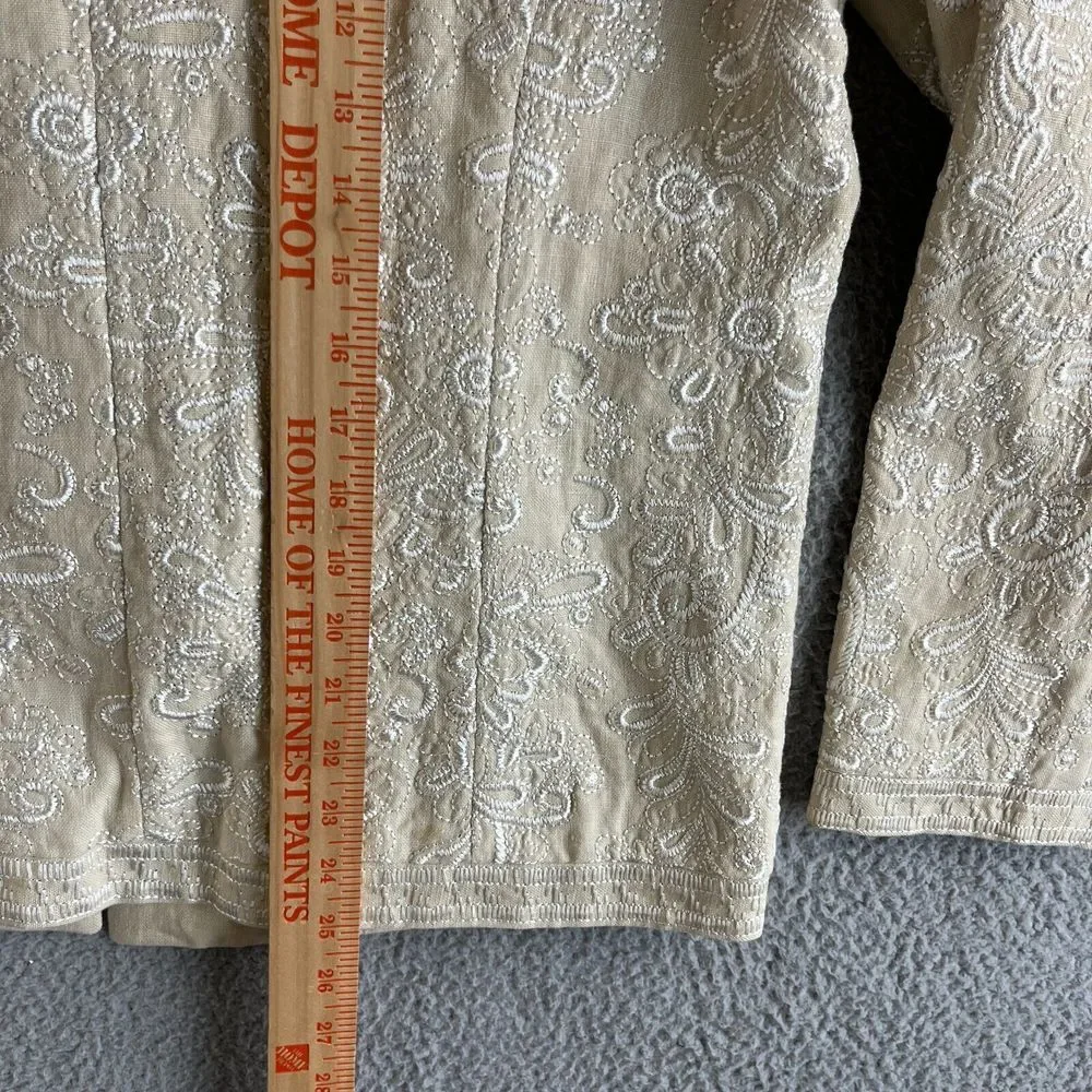 NEW Victor Costa Jacket Womens Medium Beige Blazer Linen Embroidered Floral Open
